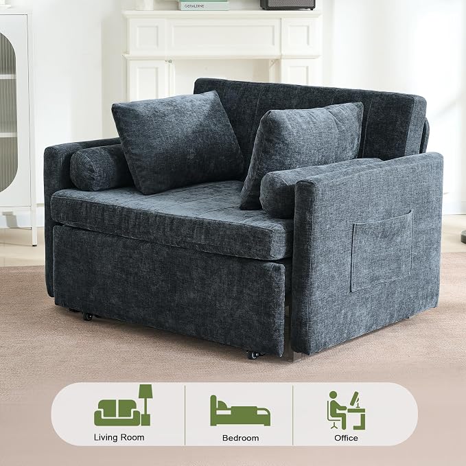 45" Oversize 3-in-1 Sleeper Chair Pull Out Bed, 75" Long Single Sleeper Sofa Bed with Wing Table and Side Pocket for Living Room, Bedroom, Small Space, Blue