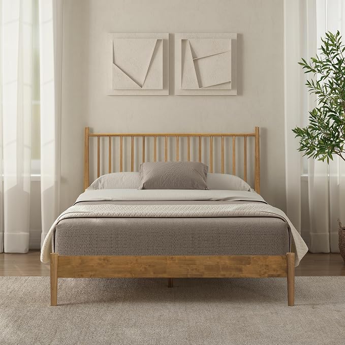 NTC Inno Wooden Bed Frame with Headboard, Solid Oak and Rubber Wood Foundation with Silent Slats and Wood Central Supports, 1000 Lb Capacity, Effortless Assembly, Queen - Teak Look