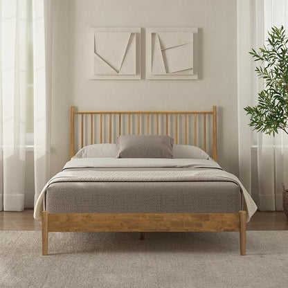 NTC Inno Wooden Bed Frame with Headboard, Solid Oak and Rubber Wood Foundation with Silent Slats and Wood Central Supports, 1000 Lb Capacity, Effortless Assembly, Queen - Teak Look