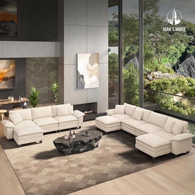 HERA'S HOUSE 88" Modular Sectional Sofa, L Shaped Couches for Living Room, Comfy Cloud Couch with Ottoman, 3-Seater Deep Seat Sofa with Throw Pillow, Corduroy Beige