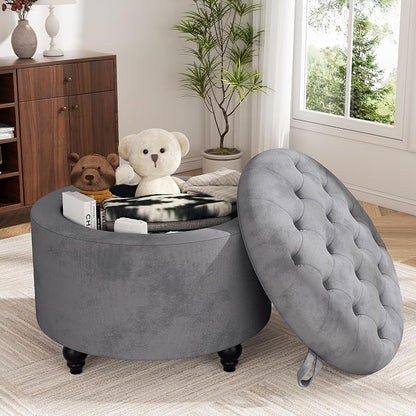 24 Inch Round Storage Ottoman,Modern Tufted Ottomans,Circular Coffee Table with Removable Top,Upholstered Large Ottoman with Storage Footrest Stool for Bedroom Living Room (Lightgrey)