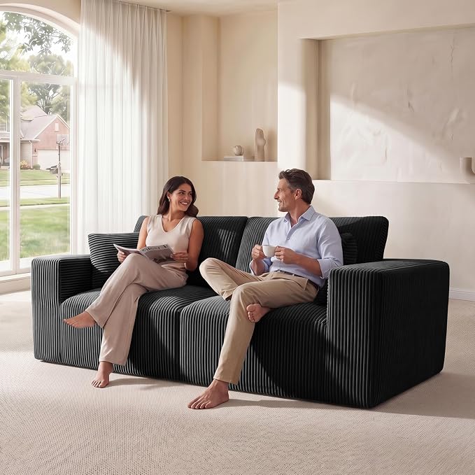Modular Loveseat Cloud Couch, 79" Memory Foam Boneless Double Sofa, Cozy Upholstered Corduroy Frameless Furniture, No Assembly Required Small Couch for Apartment Living Room Office, Black