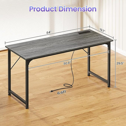 PRAISUN 55 X 20 Inch Office Computer Desk with Power Outlets and USB-C Port, Larger and Longer Gaming Desk, for Home Office, Study, Bedroom, Writing Work from Home Table, Metal Frame, Grey