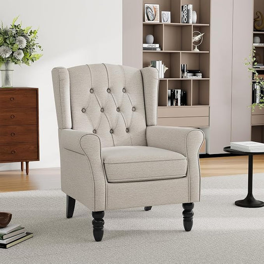 Mid-Century Modern Wingback Accent Chair – Ergonomic High Back Lounge Chair with Plush Fabric, Solid Oak Legs, Retro Reading Armchair for Living Room, Bedroom, Home Office, Grayish Beige