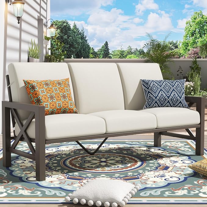 NATURAL EXPRESSIONS Patio 3 Seater Sofa Patio Furniture Set Outdoor Deep Seating Couch with 6.5'' Thick Olefin Cushion,High Back Metal Frame for Garden,Front Porch, Deck, Balcony, Backyard