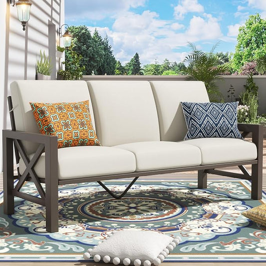 NATURAL EXPRESSIONS Patio 3 Seater Sofa Patio Furniture Set Outdoor Deep Seating Couch with 6.5'' Thick Olefin Cushion,High Back Metal Frame for Garden,Front Porch, Deck, Balcony, Backyard