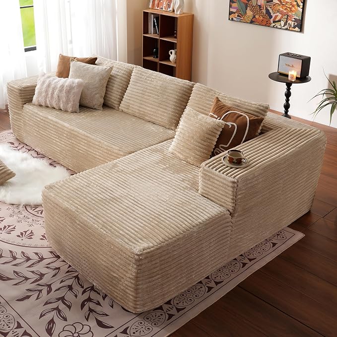 ovios 104" Cloud Boneless Couch with L-Shape Chaise,Modern Sectional Modular Sofa with Deep Seat, Upholstered Couches for Living Room Bedroom,No Assembly Required, Beige (Plush Corduroy Fabric)