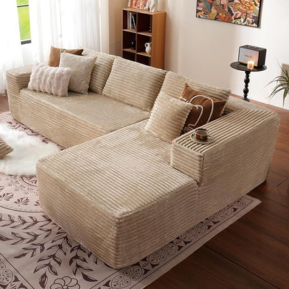 ovios 104" Cloud Boneless Couch with L-Shape Chaise,Modern Sectional Modular Sofa with Deep Seat, Upholstered Couches for Living Room Bedroom,No Assembly Required, Beige (Plush Corduroy Fabric)