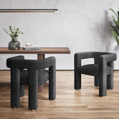 BELLEZE Modern Boucle Barrel Dining Chair, Upholstered Linen Kitchen Boucle Armchair with Sidearms and Back, for Dining Room Living Room- Black