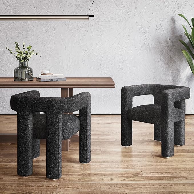 BELLEZE Modern Boucle Barrel Dining Chair Set of 2, Upholstered Linen Kitchen Boucle Armchair with Sidearms and Back, for Dining Room Living Room- Black
