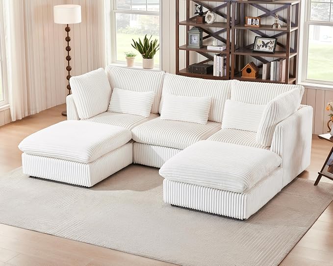 115" Oversized Corduroy Couch Modular Sectional Sofa, Washable Cloud Couch Sectional with 2 Ottoman, 5 Seater Sectional Couches for Living Room, Fully Cover Removable, U Shaped, Corduroy, White