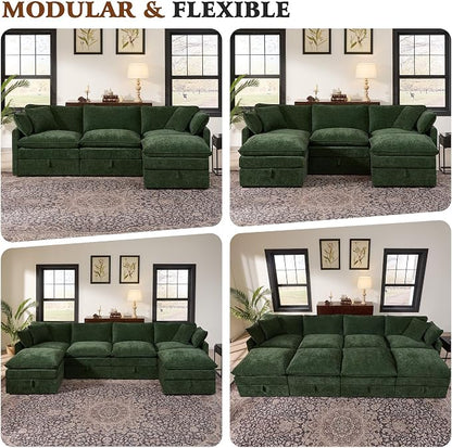 Ihanherry Oversized Sectional Sofa Bed with Storage, 103" 6-Seater Modular Cloud Couch with Movable Ottomans, Chenille Deep Seat Sleeper Couches for Living Room (Green)