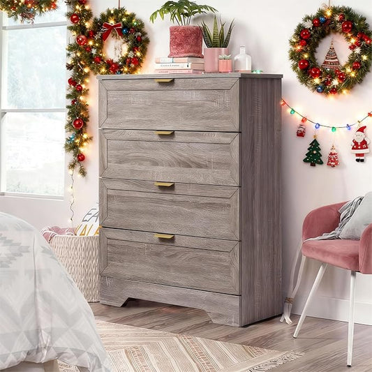37-inch Tall Chest of Drawers, 4 Drawer Dresser for Bedroom, Grey Wood Dresser with Large Drawers, Modern Storage Cabinet for Closet, Living Room, Entryway, Wash Grey