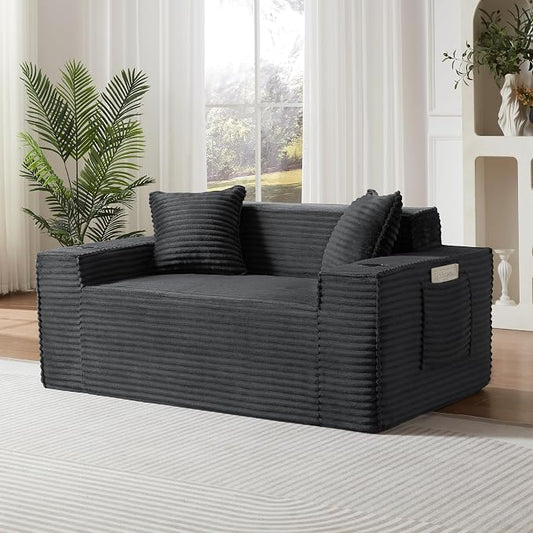 Boneless Sectional Sofa Couch with Cup Holders & Side Pockets, Modern Corduroy Fabric Deep Seat Loveseat Cloud Couch for Living Room Office, No Assembly (Grey)