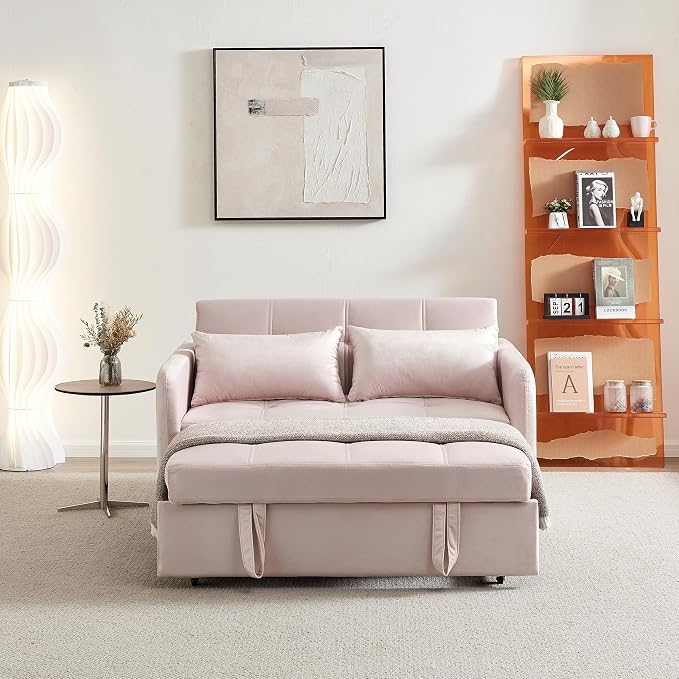 55.5" Velvet Convertible Sofa Bed, Pull Out Sleeper Sofa Bed, Loveseat Couch with USB Charging Ports, 3 in 1 Convertible Sleeper Sofa Bed for Living Room, Apartment, Bedroom, RV, Pink