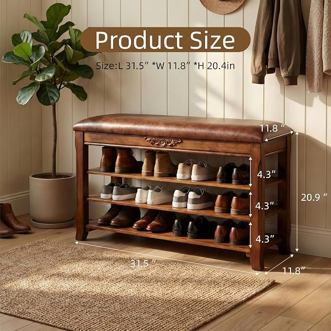 Shoe Rack Bench Entryway Storage with Leather Cushion, Shoe Organizer Bench for Entryway, Front Doors Entrances Hallway,Mudroom,Closet, Bedroom,Solidwood 3 Height-Adjustable Removable Shelve,31.5"