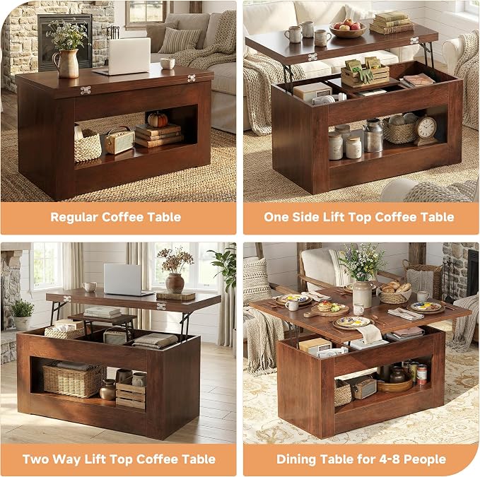 UNIQUITE 40" Lift Top Coffee Table, 4 in 1 Multi-Function Lift Coffee Tables with Storage and Hidden Compartment, Convertible Wood Coffee Tables to Dining Table for Living Room, Walnut