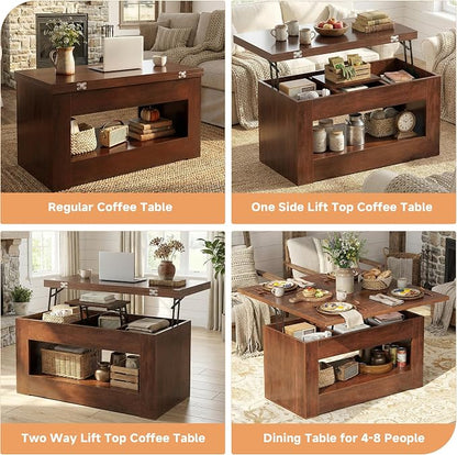 UNIQUITE 40" Lift Top Coffee Table, 4 in 1 Multi-Function Lift Coffee Tables with Storage and Hidden Compartment, Convertible Wood Coffee Tables to Dining Table for Living Room, Walnut