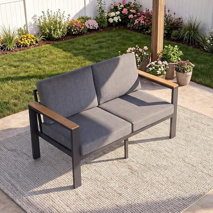 Aluminum Outdoor Loveseat, 2-Seat Patio Furniture Loveseat with 1.5mm Powder-Coated Frame, Anti-Hot Armrest & Waterproof Removable Cushions, Weather Resistant Outdoor Sofa for Backyard Porch Gray