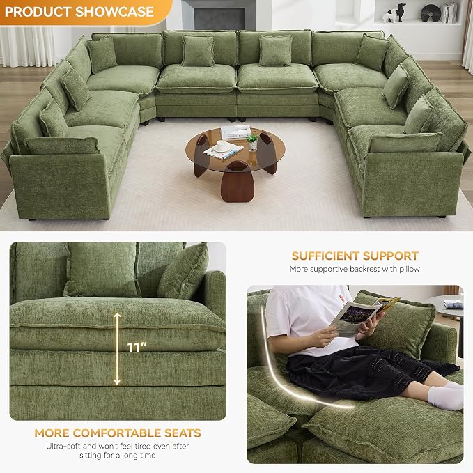 147'' Oversized U Shaped Cloud Sectional Sofa, Chenille Deep Seat Couches for Living Room, Comfy Upholstered Modular Sectional Sofa Couch, Green
