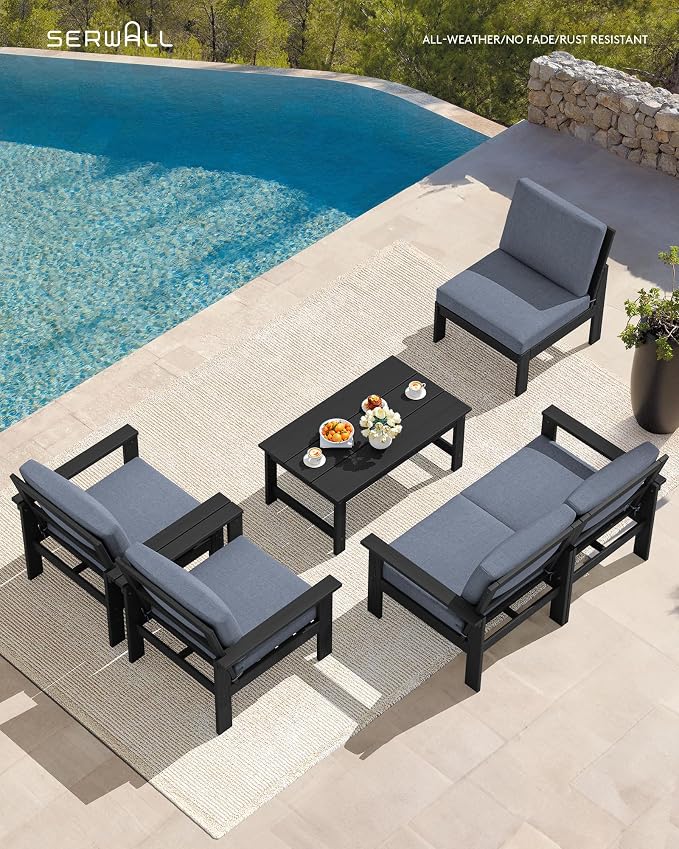 SERWALL HDPE Patio Conversation Set, 6-piece Sectional Outdoor Furniture Set, All Weather Outdoor Couch Set Patio Furniture Set for Deck, Lawn, Black Frame with Grey Cushion