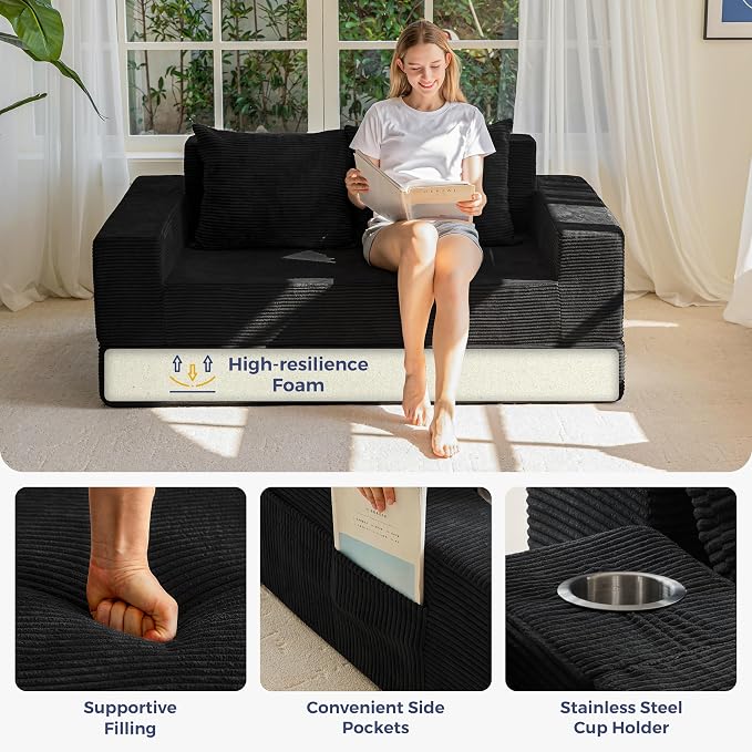 MAXYOYO Loveseat Sofa Bed, 64" Foldable Floor Sofa Couch in A Box with 2 Cup Holders, 4 in 1 Convertible Boneless Couch Folding Recliner Chair for Living Room, No Assembly Required, Black