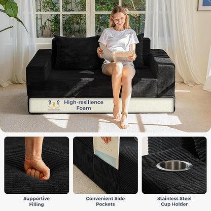 MAXYOYO Loveseat Sofa Bed, 64" Foldable Floor Sofa Couch in A Box with 2 Cup Holders, 4 in 1 Convertible Boneless Couch Folding Recliner Chair for Living Room, No Assembly Required, Black