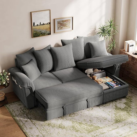 LINSY HOME 90.5'' Sectional Sleeper Sofa with Pull Out Couch Bed Modular (Gray, 90.5'') | USB Charging