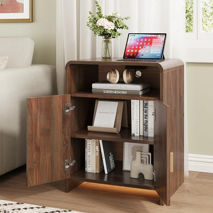 Nightstand with Charging Station and LED Lights, Night Stands with Adjustable Storage Cabinet, Modern Side Table with Fluted Doors and Open Storage, Bedside Table for Bedroom, Walnut