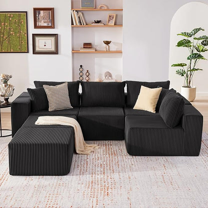 Weture 135.4" Cloud Couch Sectional, Modular Sectional Sofa with Deep Seat, Plush Corduroy U Shaped Boneless Couch, Convertible Sectional Couches for Living Room, 6Seat, Black