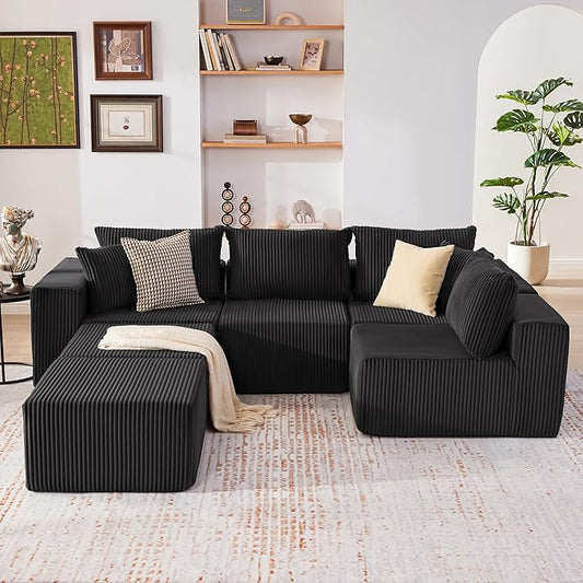 Weture 135.4" Cloud Couch Sectional, Modular Sectional Sofa with Deep Seat, Plush Corduroy U Shaped Boneless Couch, Convertible Sectional Couches for Living Room, 6Seat, Black