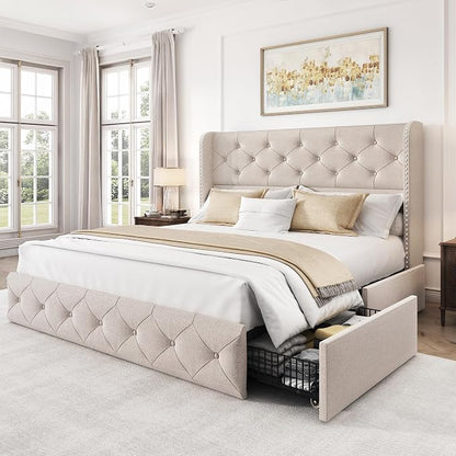 LARMACE Full Size Bed Frame with 4 Storage Drawers and Wingback Headboard Linen Upholstered Platform Bed Frame Tufted Beds with Wooden Slats Support, Easy Assembly, Beige