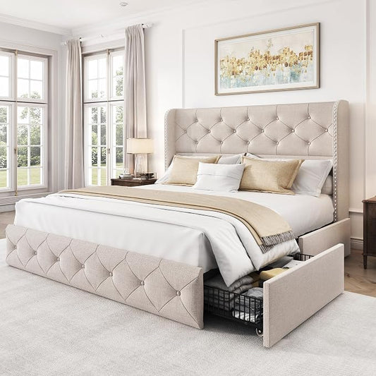 LARMACE Full Size Bed Frame with 4 Storage Drawers and Wingback Headboard Linen Upholstered Platform Bed Frame Tufted Beds with Wooden Slats Support, Easy Assembly, Beige