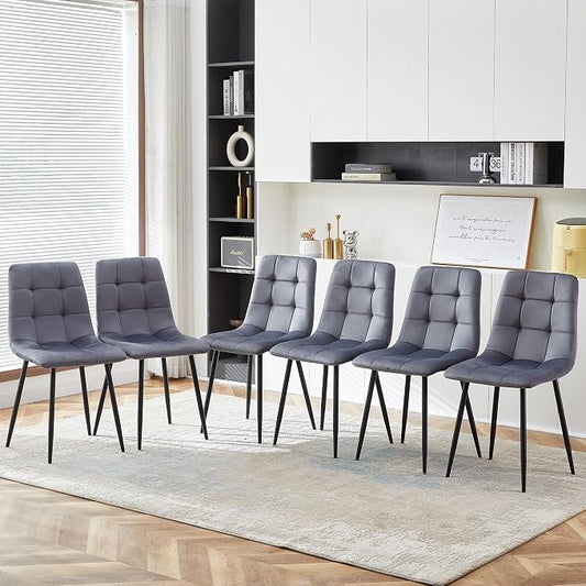 NORDICANA Grey Velvet Dining Chairs Set of 6, Upholstered Tufted Kitchen Chairs, Comfortable Seat, Metal Leg, Easy Assembly