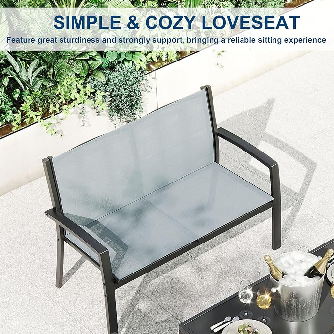 Garvee 4 Piece Patio Bistro Furniture Set, Outdoor Conversation Set with 3 Chairs, Loveseat & Glass Coffee Table, All-Weather Textilene Fabric & Steel Frame for Backyard, Poolside, Porch, Lawn - Grey