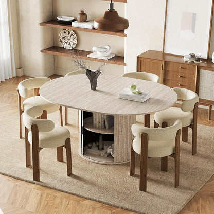 47''-63'' Extendable Round Dining Table for 4-6, Round Dining Room Table with Hidden Storage, Modern Wooden Kitchen Table with Fluted Sliding Door Cabinet for Dining Room Kitchen, White
