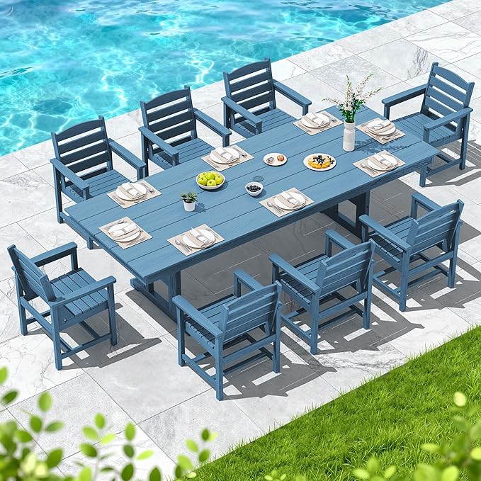 SERWALL 9 Piece 84" HDPE Outdoor Dining Set for 8 with Armchairs and Umbrella Hole, Blue