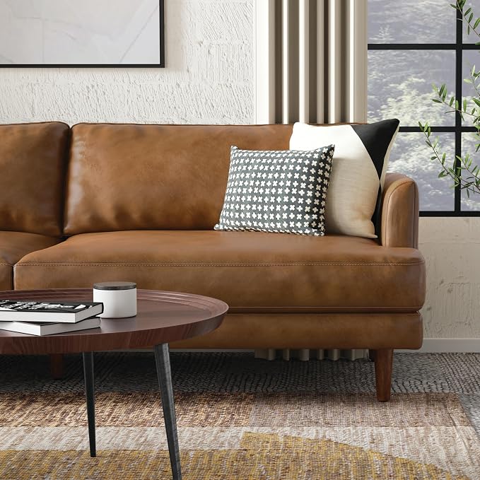 SIMPLIHOME Livingston Sofa - 90 inch Wide Top Grain Genuine Leather Sofa in Caramel Brown, Mid-Century Modern 3-Seater Couch for Living Room with Feather-Wrapped Cushions and Solid Wood Frame