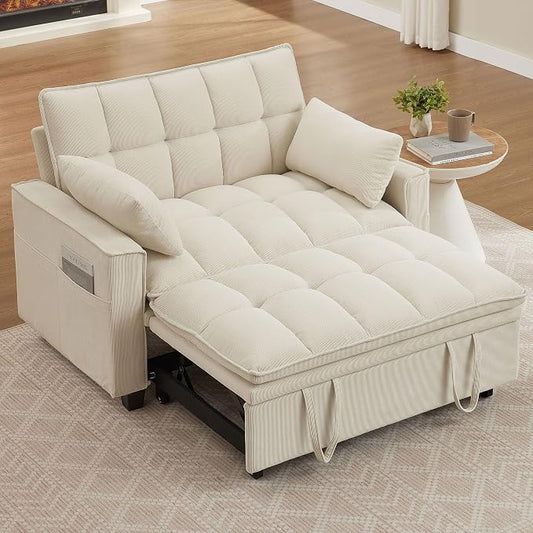 Sleeper Sofa with Pull Out Couch Bed, 48" Convertible Pull-Out Sofa Bed Chair, 3-in-1 Futon Couch with Reclining Backrest and Side Pockets for Living Room Bedroom Apartment, Beige