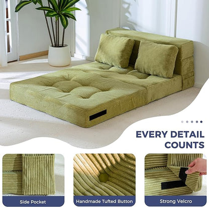 MAXYOYO Convertible Sofa Bed, Fold Out Sofa Couch with Pillow, 4 in 1 Tufted Folding Couch Bed Foam Floor Couch, Lazy Chair for Living Room Bedroom Guest Room, Green