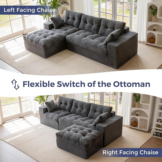 MAXYOYO 104" L Shaped Modular Sectional Sofa with Ottoman, Cloud Boneless Couch with Layered Cushion, Upholstered Sofa Flexible Module Combination for Living Room, No Assembly, Dark Grey