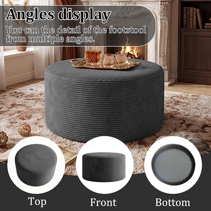 BSHOMGI Round Boneless Ottoman Oversized Ottomans for Living Room, Cloud Rectangle Pouf Coffee Table, Poofy Corduroy Foot Stoolsfor Living Room, Bedroom or Office