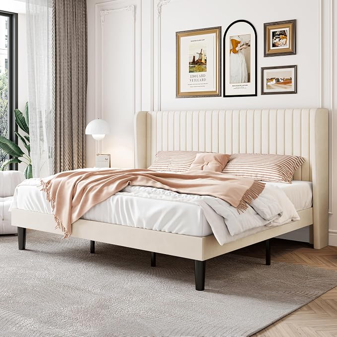 SHA CERLIN King Size Velvet Bed Frame with Vertical Channel Tufted Wingback Headboard, Upholstered Platform Bed with Wood Slats, No Box Spring Needed, Easy Assembly, Cream White