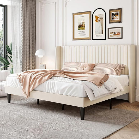 SHA CERLIN King Size Velvet Bed Frame with Vertical Channel Tufted Wingback Headboard, Upholstered Platform Bed with Wood Slats, No Box Spring Needed, Easy Assembly, Cream White