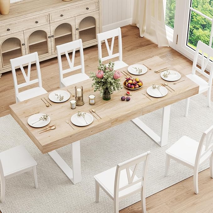 Zevemomo 63"-78.7" Expandable Dining Table for 4-8, Extendable Dining Room Table, Space-Saving Kitchen Table Equipped with an Expandable Slide Track, Tapered U-Shaped Wood Legs for Living Room(Oak)