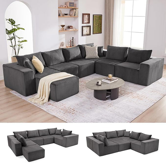 Cloud Couch Sectional, Modular Sofa with Deep Seat, Convertible Sectional Couches for Living Room, Plush Corduroy U Shaped Boneless Couch (Darkgrey, 6 Seater & 1 Ottoman)