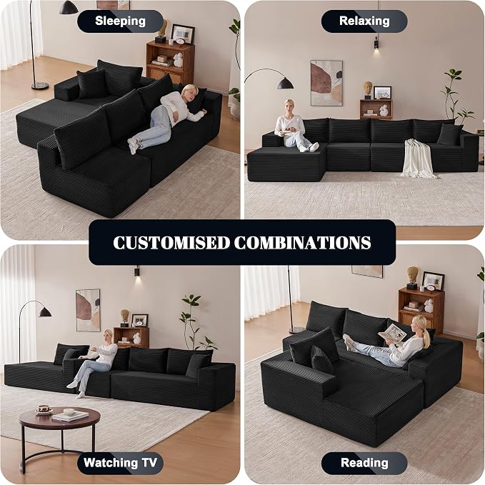 Mangodan 140” Cloud Sectional Couch, Modular Sectional Sofa with Deep Seat, Boneless Sofa for Living Room, Fluffy Comfy L-Shaped Couch with Left Facing Chaise, No Assembly Required, Black