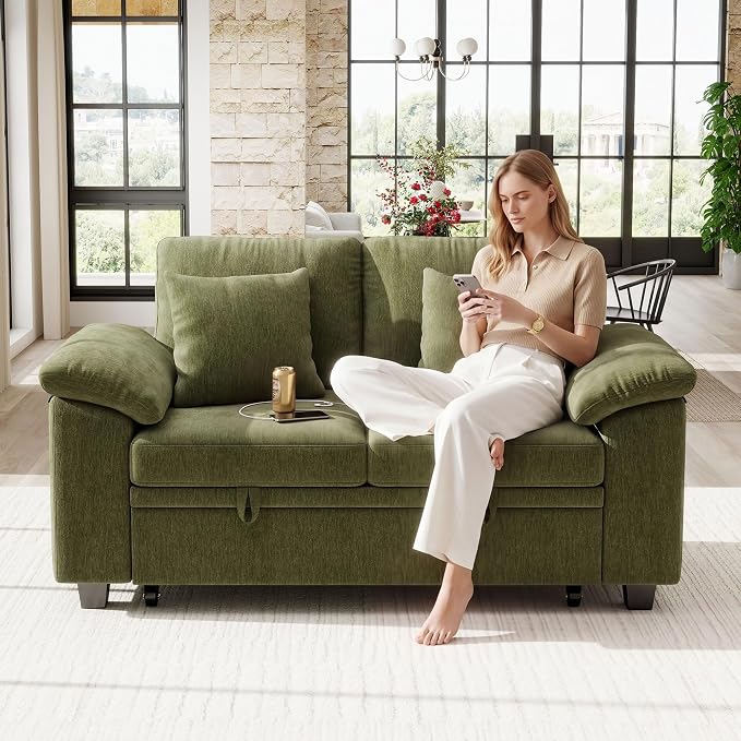 Ihanherry 61" Loveseat Sleeper Sofa, 2-in-1 Pull Out Couch Bed with 2 Pillows, Chenille Convertible Sofa Bed, Small Space Sleeper Couch for Living Room Apartment (Green)