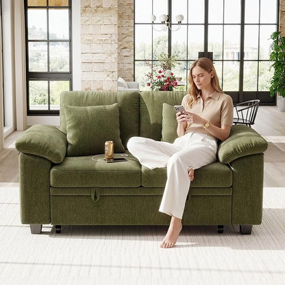 Ihanherry 61" Loveseat Sleeper Sofa, 2-in-1 Pull Out Couch Bed with 2 Pillows, Chenille Convertible Sofa Bed, Small Space Sleeper Couch for Living Room Apartment (Green)
