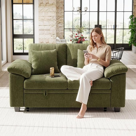 Ihanherry 61" Loveseat Sleeper Sofa, 2-in-1 Pull Out Couch Bed with 2 Pillows, Chenille Convertible Sofa Bed, Small Space Sleeper Couch for Living Room Apartment (Green)